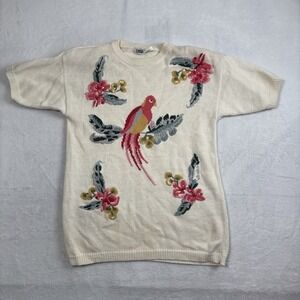 VTG Lucia Pullover Short Sleeve Knitted Beige Sweater Birds Floral Womens Medium